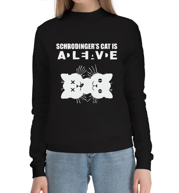 Женский хлопковый свитшот с изображением Кот Шредингера цвета Черный