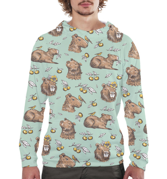 Мужское худи с изображением Капибара с ягодами цвета Белый
