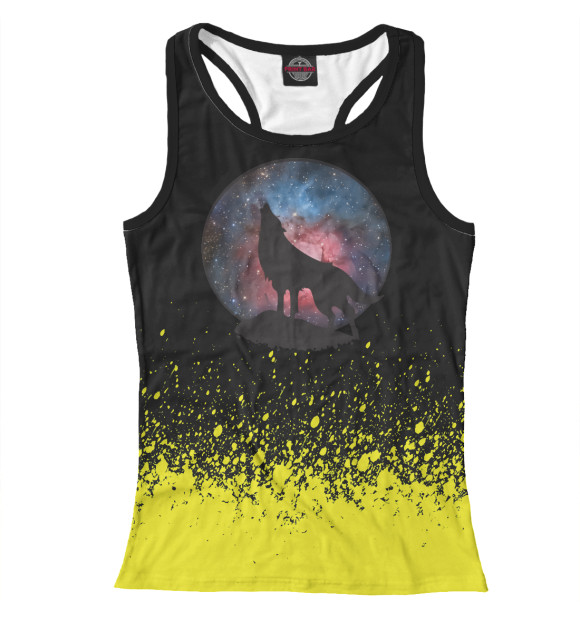 Женская майка-борцовка с изображением Wolf Howling in Galaxy цвета Белый