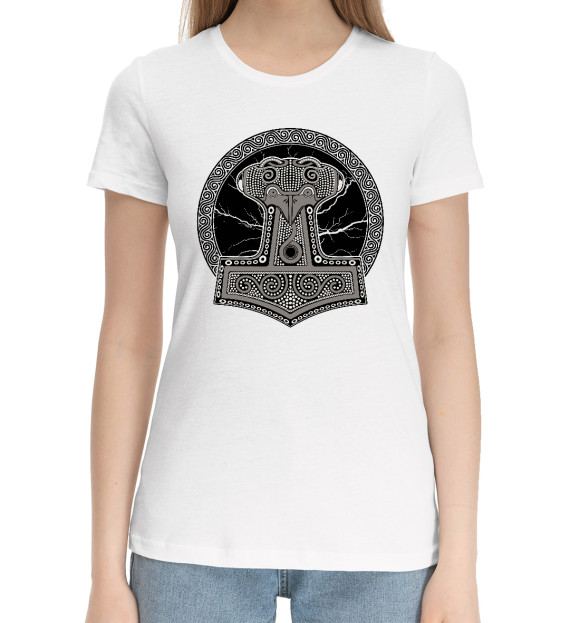 Женская хлопковая футболка с изображением Молот Тора цвета Белый