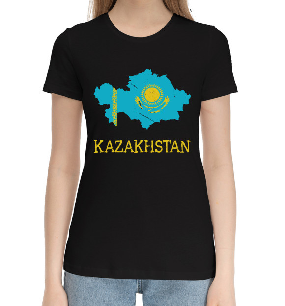 Женская хлопковая футболка с изображением Kazakhstan цвета Черный