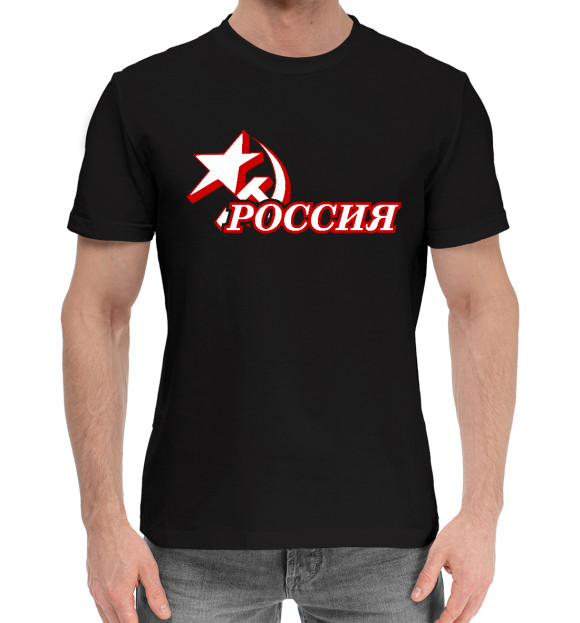 Мужская хлопковая футболка с изображением Герб России (красный) цвета Черный