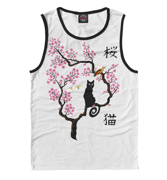 Майка для мальчика с изображением Кошка и птица на сакуре цвета Белый