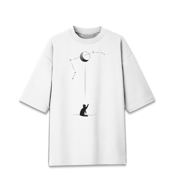 Мужская футболка оверсайз с изображением Черный кот цвета Белый