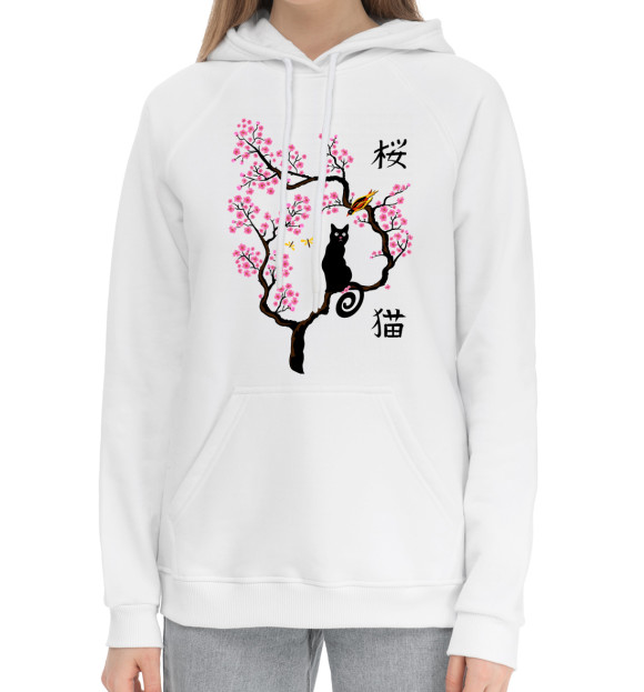 Женский хлопковый худи с притом Кошка и птица на сакуре цвета Белый Женский хлопковый худи с изображением Кошка и птица на сакуре цвета Белый