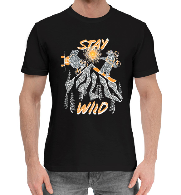 Мужская хлопковая футболка с изображением STAY WILD цвета Черный