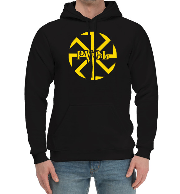 Мужской хлопковый худи с изображением Русь цвета Черный