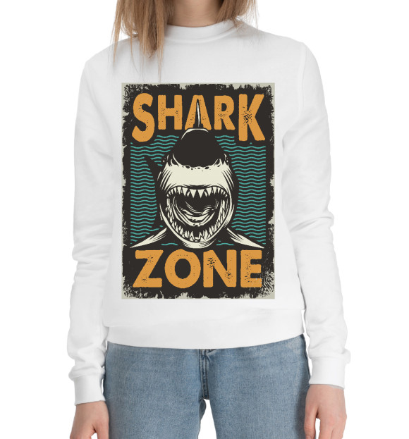 Женский хлопковый свитшот с изображением Shark Zone цвета Белый