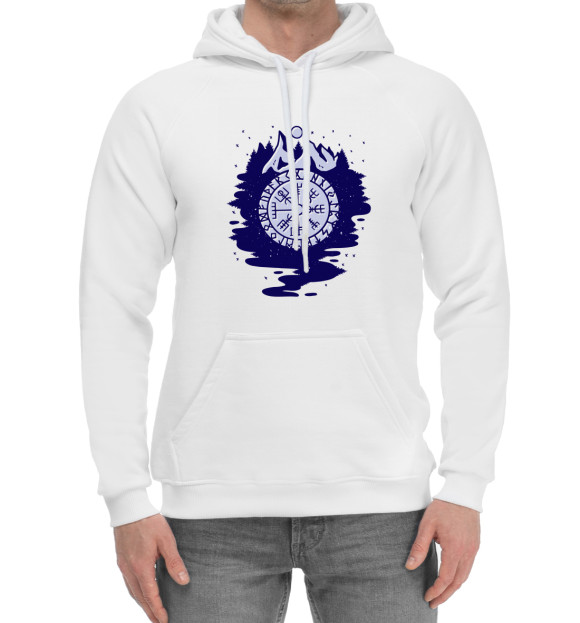 Мужской хлопковый худи с изображением Рунический компас Вегвизир цвета Белый