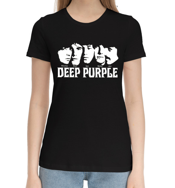 Женская хлопковая футболка с притом Deep purple цвета Черный Женская хлопковая футболка с изображением Deep purple цвета Черный