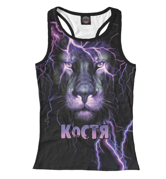 Женская майка-борцовка с изображением Неоновый лев Костя цвета Белый