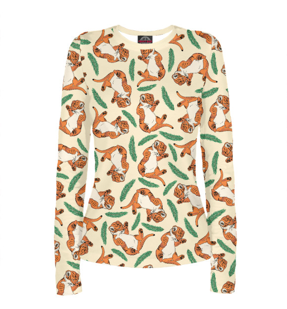 Женский лонгслив с изображением Тигрята и ветки ели цвета Белый
