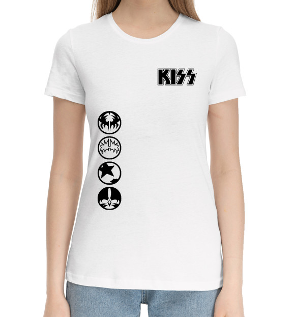Женская хлопковая футболка с изображением Kiss цвета Белый