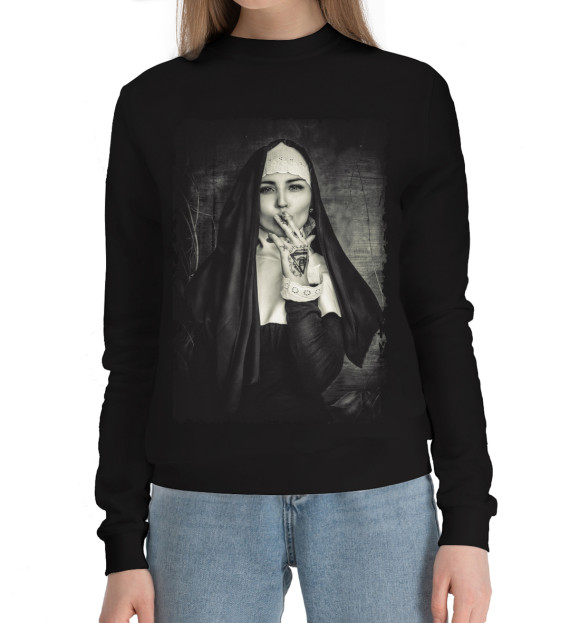 Женский хлопковый свитшот с изображением Монашка с сигаретой цвета Черный