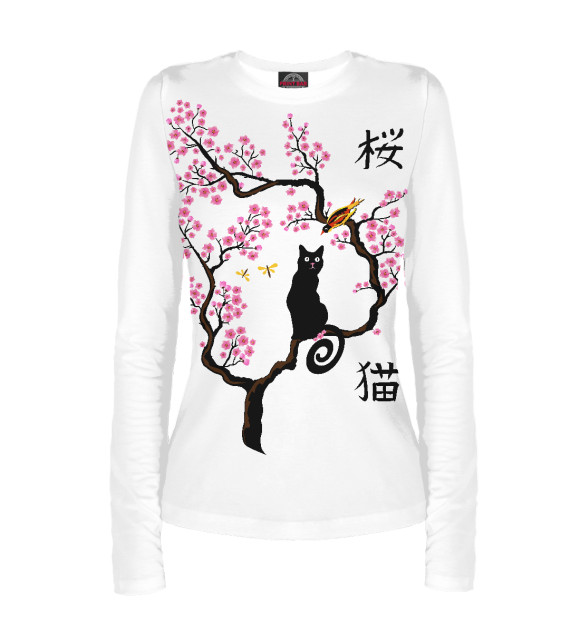 Женский лонгслив с изображением Кошка и птица на сакуре цвета Белый