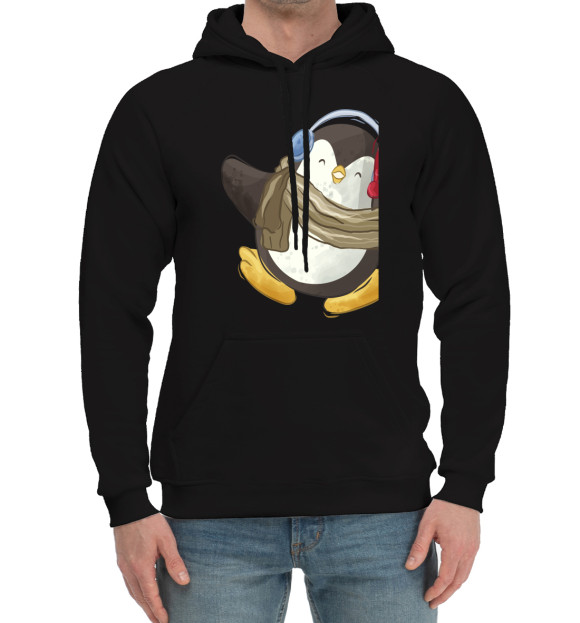 Мужской хлопковый худи с изображением Пингвин в наушниках цвета Черный