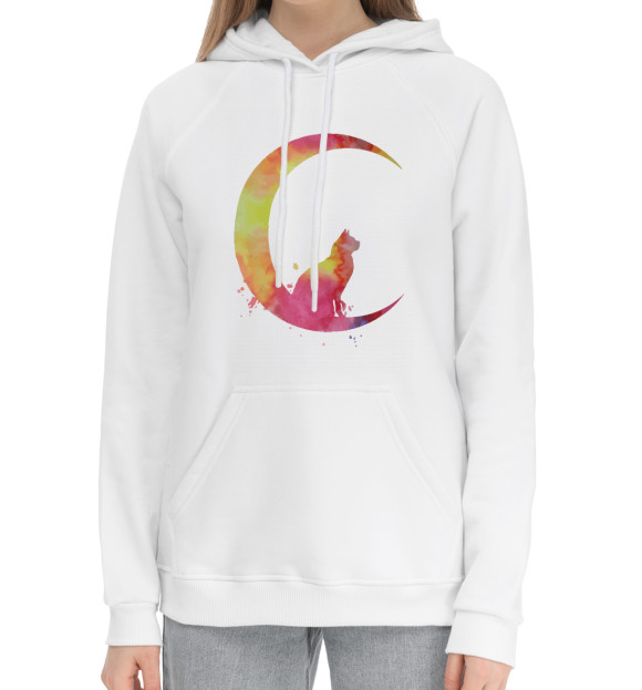 Женский хлопковый худи с притом Moon Cat цвета Белый Женский хлопковый худи с изображением Moon Cat цвета Белый