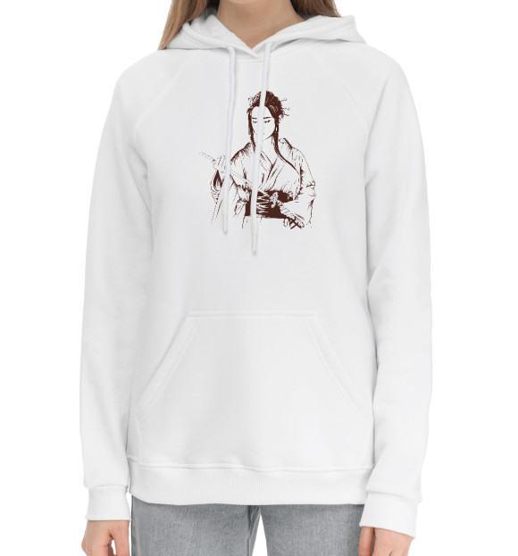 Женский хлопковый худи с изображением Девушка-самурай цвета Белый