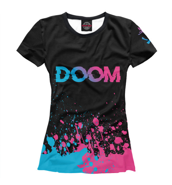 Футболка для девочек с изображением Doom Neon Gradient (цветные брызги) цвета Белый