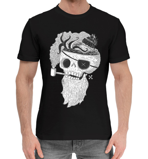 Мужская хлопковая футболка с изображением Пират цвета Черный