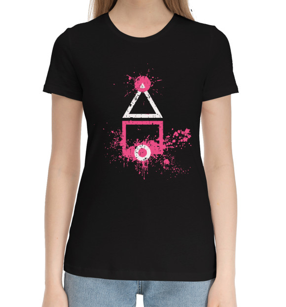 Женская хлопковая футболка с изображением Игра в кальмара цвета Черный