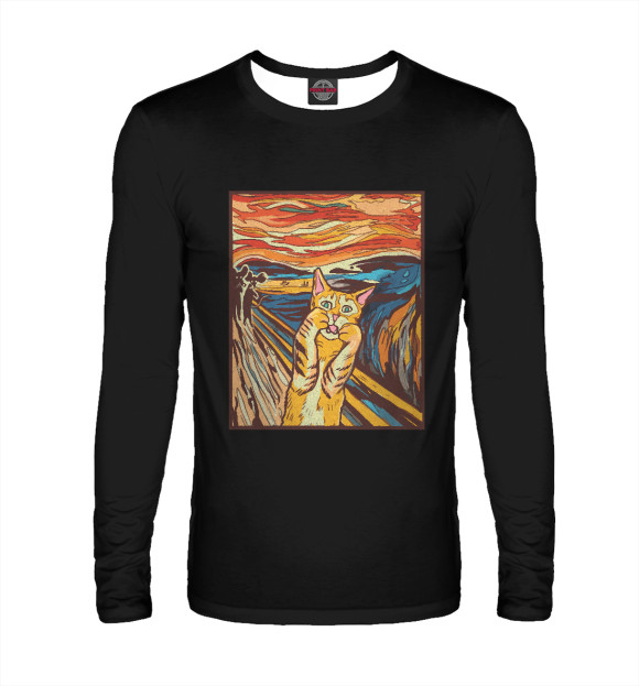 Мужской лонгслив с изображением Крик кота Мунк пародия цвета Белый