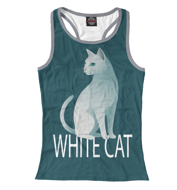 Женская майка-борцовка с изображением Белый кот сидит на надписи белый кот цвета Белый
