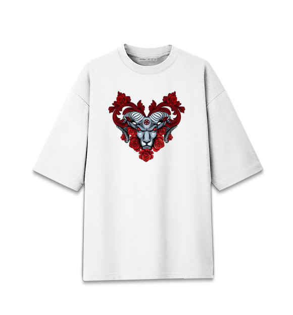 Мужская футболка оверсайз с изображением Эзотерический баран с розами цвета Белый
