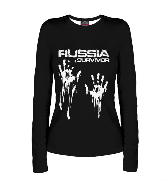Женский лонгслив с притом Россия выживший цвета Белый Женский лонгслив с изображением Россия выживший цвета Белый