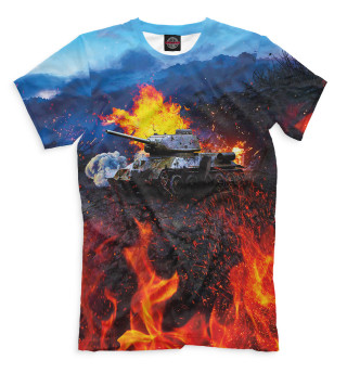 Мужская футболка Танк на горящем фоне