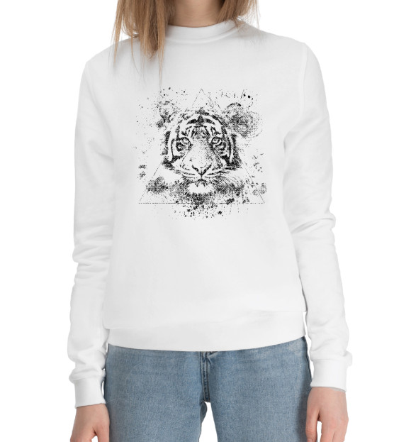Женский хлопковый свитшот с изображением Бенгальскй тигр цвета Белый