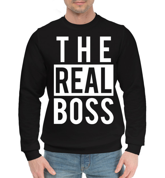 Мужской хлопковый свитшот с изображением The real boss цвета Черный