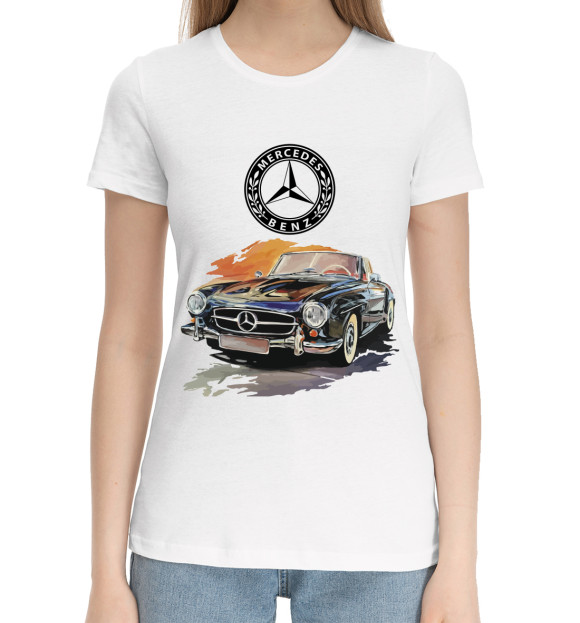 Женская хлопковая футболка с изображением Mercedes retro цвета Белый