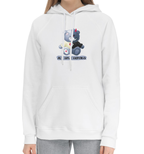 Женский хлопковый худи с изображением Мишка-демон цвета Белый