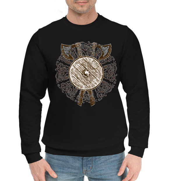 Мужской хлопковый свитшот с изображением Щит рун и топоры цвета Черный