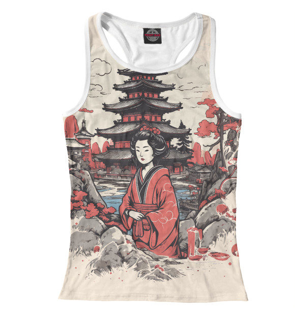 Женская майка-борцовка с изображением Гейша на реке цвета Белый