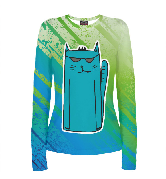 Женский лонгслив с изображением Длинный синий кот цвета Белый