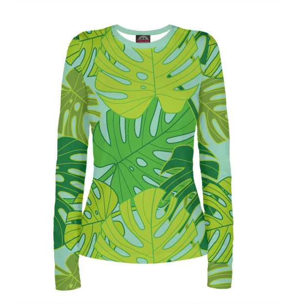 Женский лонгслив с притом Большие зеленые резные листья цвета Белый Женский лонгслив с изображением Большие зеленые резные листья цвета Белый