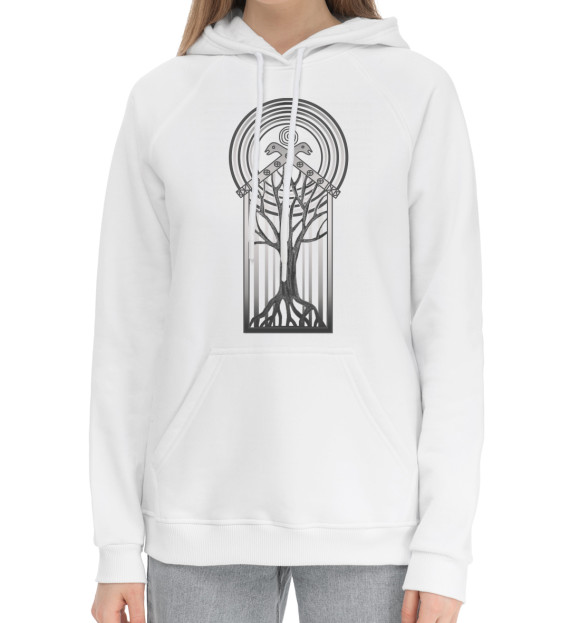 Женский хлопковый худи с изображением Древо в доме под солнцем. цвета Белый