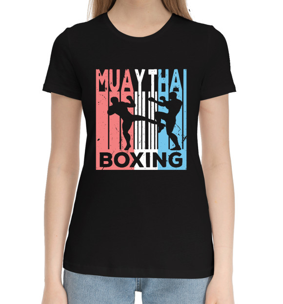 Женская хлопковая футболка с притом MUAY THAI BOXING цвета Черный Женская хлопковая футболка с изображением MUAY THAI BOXING цвета Черный