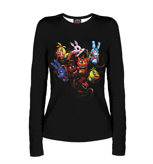 Женский лонгслив с притом Five Nights at Freddy's цвета Белый Женский лонгслив с изображением Five Nights at Freddy's цвета Белый