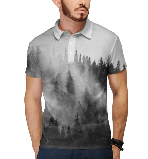 Мужское поло с изображением Лес и туман цвета Белый