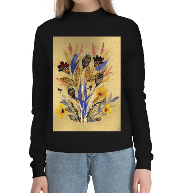 Женский хлопковый свитшот с изображением Цветы цвета Черный