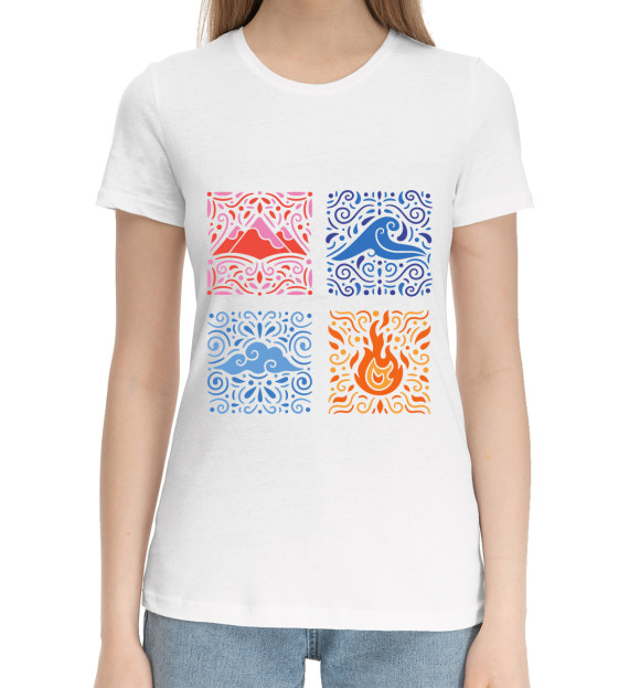 Женская хлопковая футболка с изображением Четыре Элемента Стихии цвета Белый