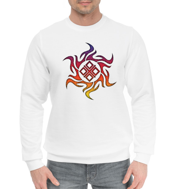 Мужской хлопковый свитшот с изображением Символ Макошь в солнце цвета Белый