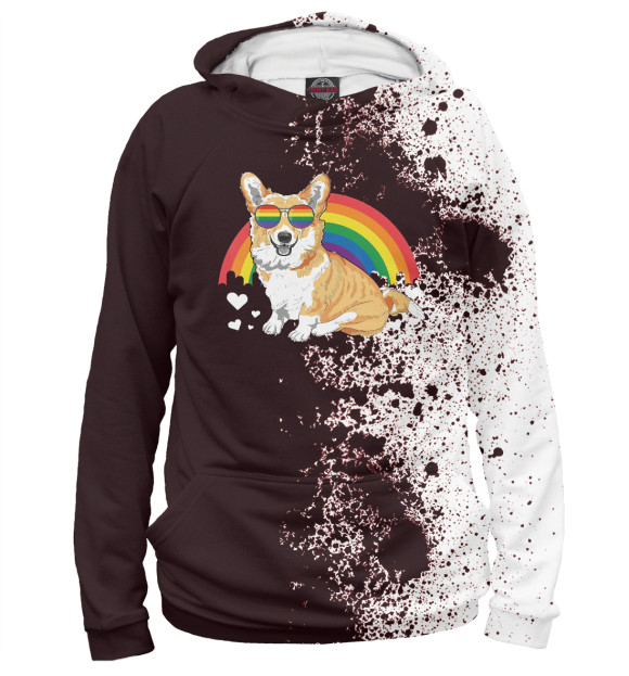 Мужское худи с изображением Corgi With Rainbow цвета Белый