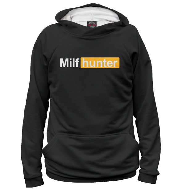 Мужское худи с изображением Milf Hunter черный фон цвета Белый