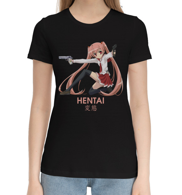 Женская хлопковая футболка с изображением Hentai цвета Черный