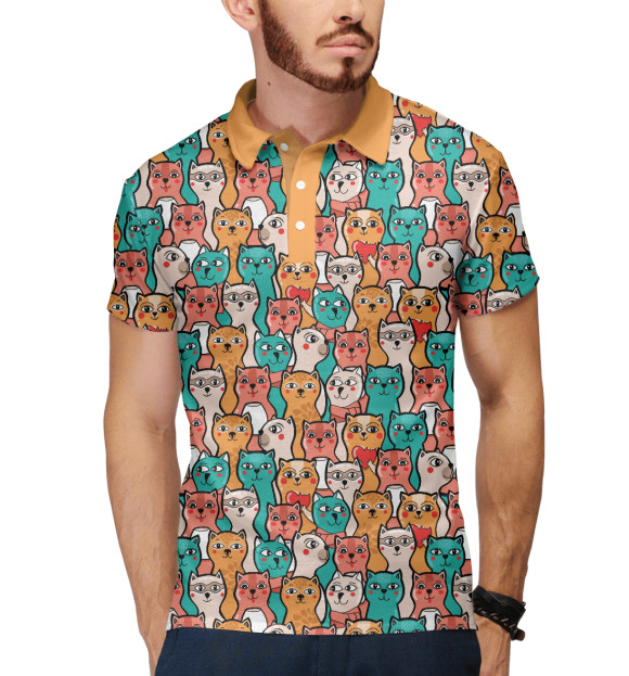 Мужское поло с притом Коты цвета Белый Мужское поло с изображением Коты цвета Белый