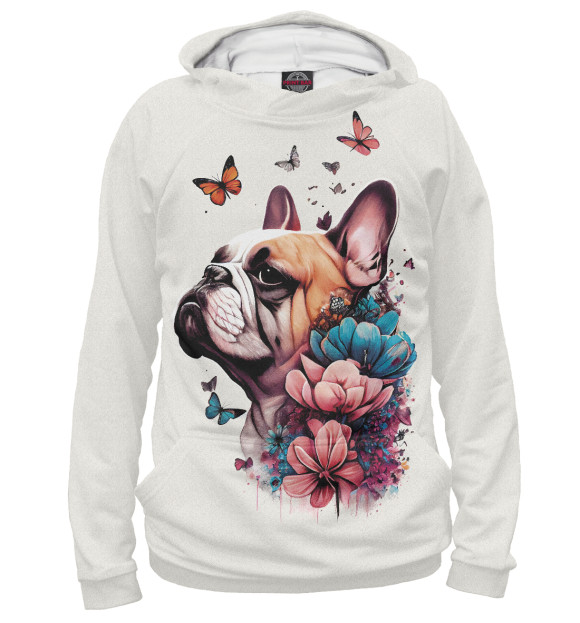 Женское худи с изображением Французский бульдог в цветах и бабочках цвета Белый